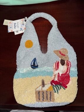 Seaside girl Beaded Beach Tote Bag - Light Blue & Sand